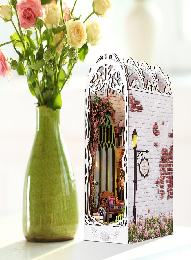 Foyucool Book Nook Kit - DIY Miniature Dollhouse Kits for Adults, Booknook Bookshelf Insert with LED Light, 3D Wooden Puzzle Bookend Insert, Hobbies Gifts for Family and Friends, Flower House - Image 5